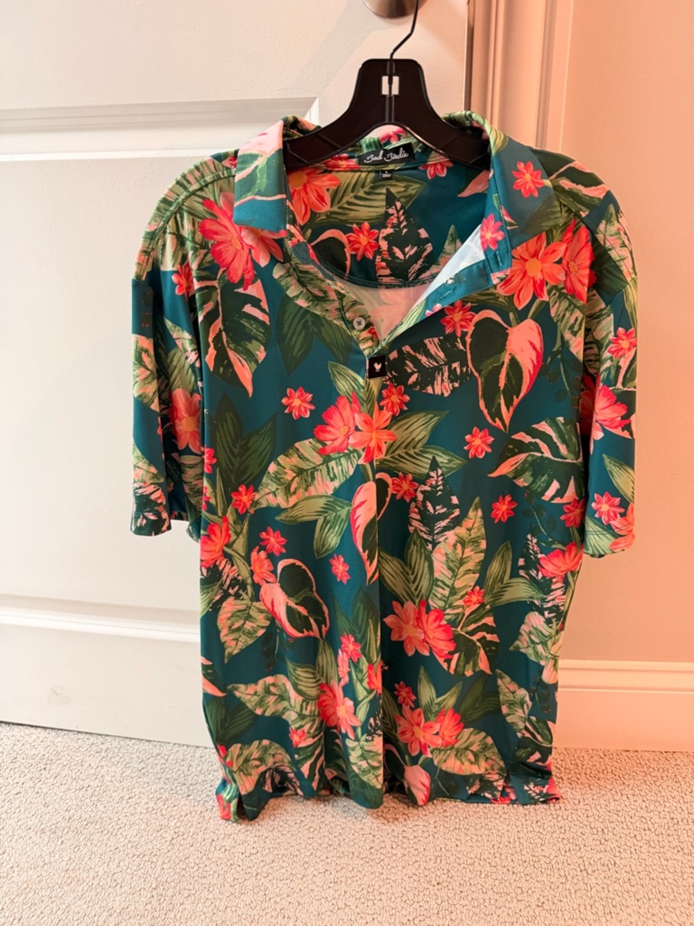 Bad Birdie Teal Tropical Floral Polo with Pink Flowers